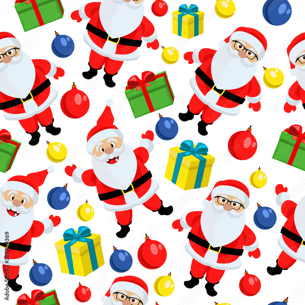 Fototapeta premium Seamless background with Santa Claus, toys and gifts for new year and Christmas. Vector illustration.
