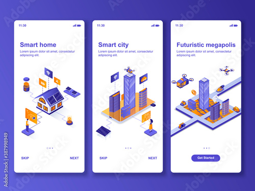 Smart home isometric design kit. Smart city technology, futuristic megapolis templates for mobile app. Home automation system UI UX onboarding screens. Vector illustration with tiny people characters.