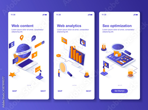 Web analytics isometric GUI design kit. Web content production, seo optimization templates for mobile app. Market research UI UX onboarding screens. Vector illustration with tiny people characters.