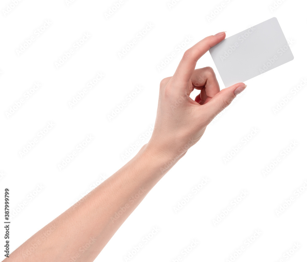 Female caucasian hands with blank business card isolated on white background. blank for designers Female caucasian hands with blank business card isolated on white background. blank for designers