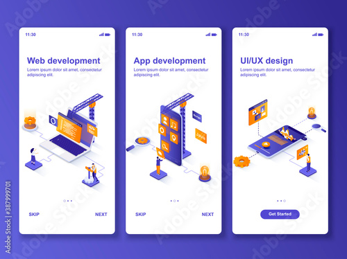 Web development isometric GUI design kit. App development, UI UX website design templates for mobile app. Software programming onboarding screens. Vector illustration with tiny people characters.