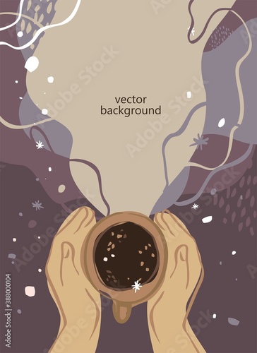 Two hands hold a steamed Cup of coffee. Hand drawn poster template with winter background, Cup of tea, snowfall, cozy atmosphere. Greeting card for coffee lovers on holidays. Vector illustration.