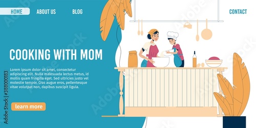 Happy mother child cooking together at home kitchen. Parent kid preparing homemade meal for dinner. Mom son or daughter mixing flour in dish bowl for baking pie or cake. Landing page design