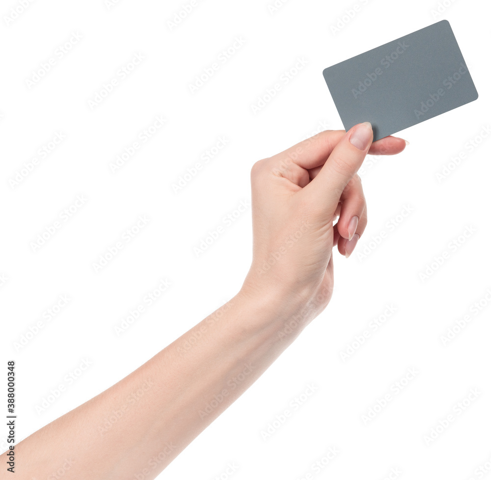 Female caucasian hands with blank business card isolated on white background. blank for designers Female caucasian hands with blank business card isolated on white background. blank for designers
