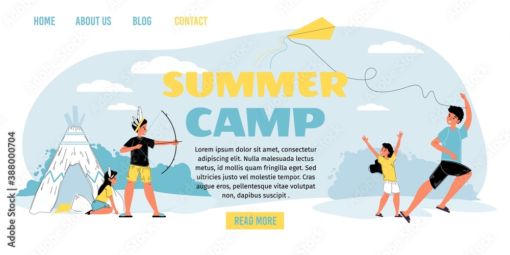 Recreation for kid at summer camp landing page. Girl boy enjoy rest outdoor play different game flying kite. Camping vacation, holiday adventure. Happy summertime, childhood entertainment Recreation for kid at summer camp landing page. Girl boy enjoy rest outdoor play different game flying kite. Camping vacation, holiday adventure. Happy summertime, childhood entertainment