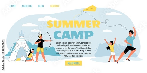 Recreation for kid at summer camp landing page. Girl boy enjoy rest outdoor play different game flying kite. Camping vacation, holiday adventure. Happy summertime, childhood entertainment