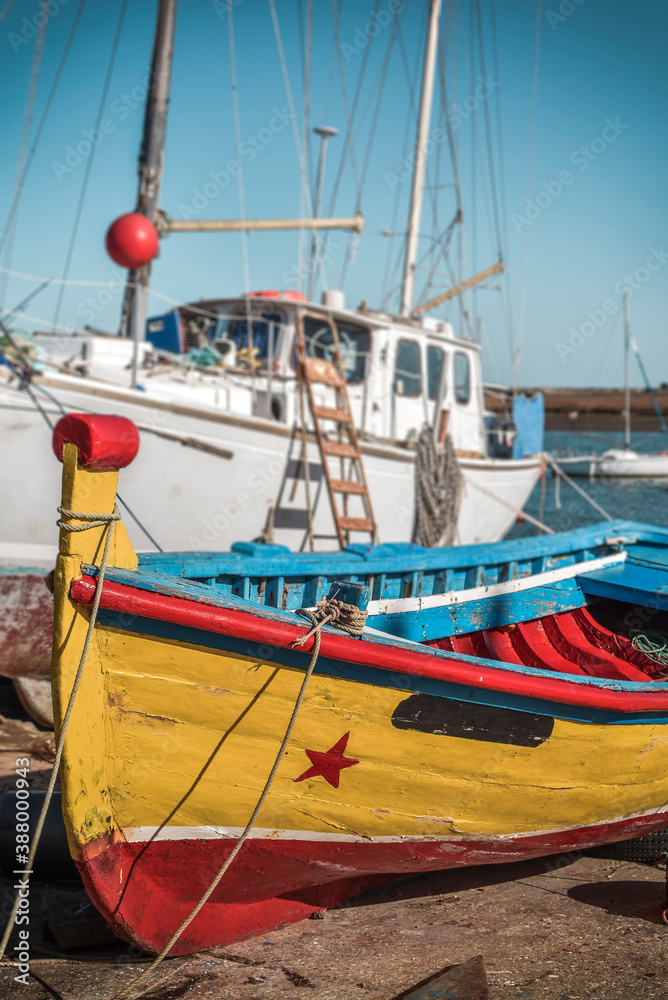 COLORFUL TRADITIONAL BOAT OF PULP FISHERMAN, IN SANTA LUZIA, PORTUGAL