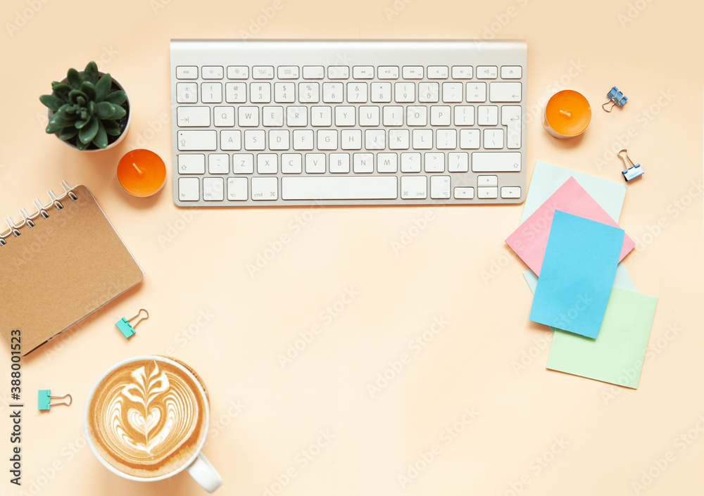 office desk background with smartphone with blank screen mockup, laptop computer, cup of coffee and supplies. Top view with copy space, flat lay office desk background with smartphone with blank screen mockup, laptop computer, cup of coffee and supplies. Top view with copy space, flat lay
