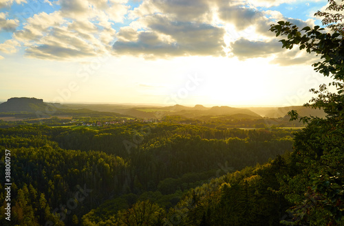 Saxon Switzerland. View at sunset from area  Brand  to landmark  Lilienstein .