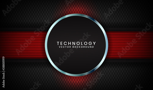 Abstract 3D black techno background overlap layers on dark space with red light effect decoration. Modern graphic design template elements for poster, flyer, cover, brochure, landing page, or banner