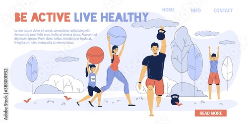Happy family enjoy sport activity outdoor in natural park. Parent children exercising training breathing fresh air. Healthy lifestyle enjoyment. Be active inspiration quote design. Landing page layout