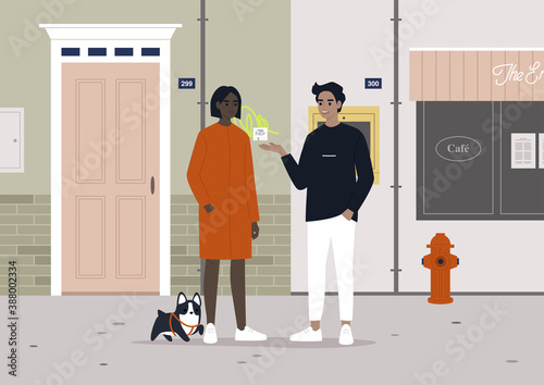 Two neighbours chatting on the street, urban lifestyle, young adult characters walking the dog