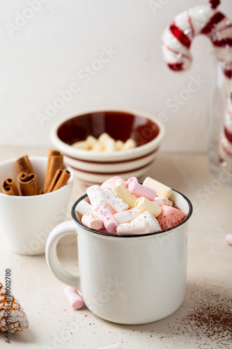 Close up of Christmas hot chocolate beverage in white cup