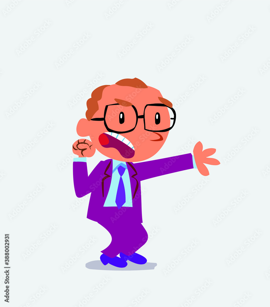  Very angry cartoon character of businessman pointing at something.