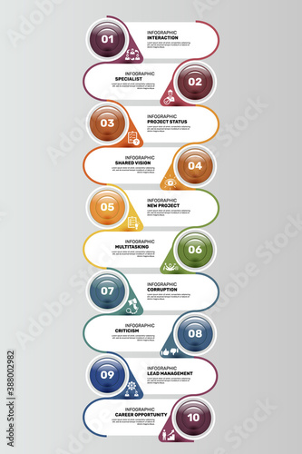Infographic Management template. Icons in different colors. Include Lead Management, Criticism, Specialist, Interaction and others.