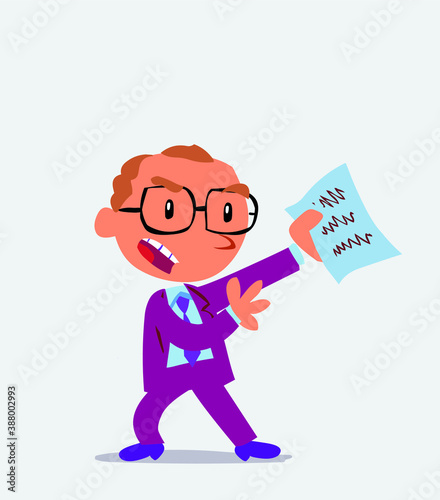 cartoon character of businessman arguing effusively with document in hand