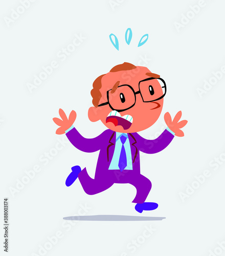  cartoon character of businessman runs away in terror.