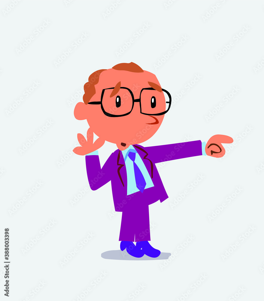 Surprised cartoon character of businessman points to something to his side Surprised cartoon character of businessman points to something to his side