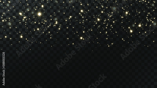 Christmas background. Powder dust light PNG. Magic shining gold dust. Fine  shiny dust bokeh particles fall off slightly. Fantastic shimmer effect. Vector illustrator.