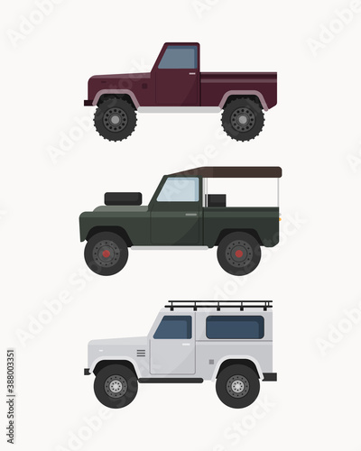 Set of off-road suv car. Off road vehicles vector illustration. 