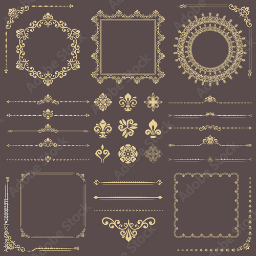 Vintage set of vector horizontal, square and round elements. Different brown and golden elements for backgrounds, frames and monograms. Classic patterns. Set of vintage patterns