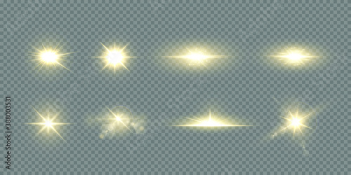 Shining golden stars isolated on black background. Effects, lens flare, shine, explosion, golden light, set. Light star gold png. Light sun gold png. Light flash gold png. Powder png.