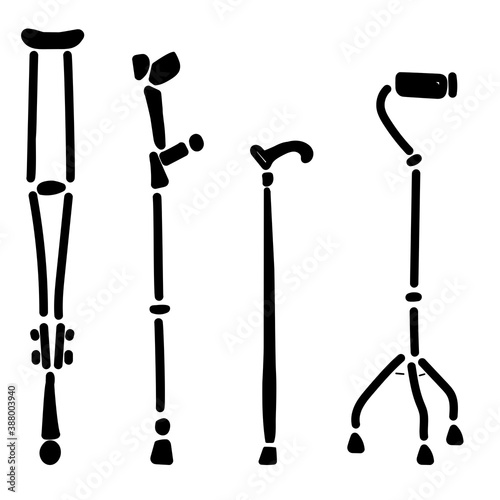 A set of silhouettes of various options for canes and crutches, auxiliary equipment for movement with herbs or old age