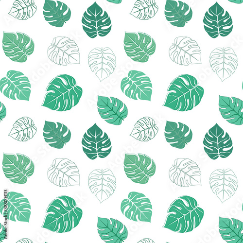 Vector seamless pattern with green tropical leaves