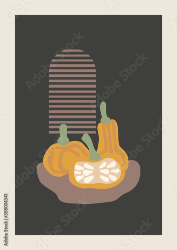 Autumn abstract vector drawing. Mid century modern boho style composition