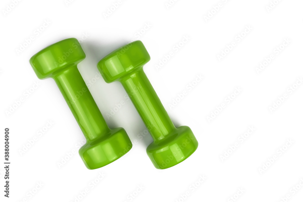 two green dumbbell isolated on a white background, sports equipment, bodybuilding two green dumbbell isolated on a white background, sports equipment, bodybuilding