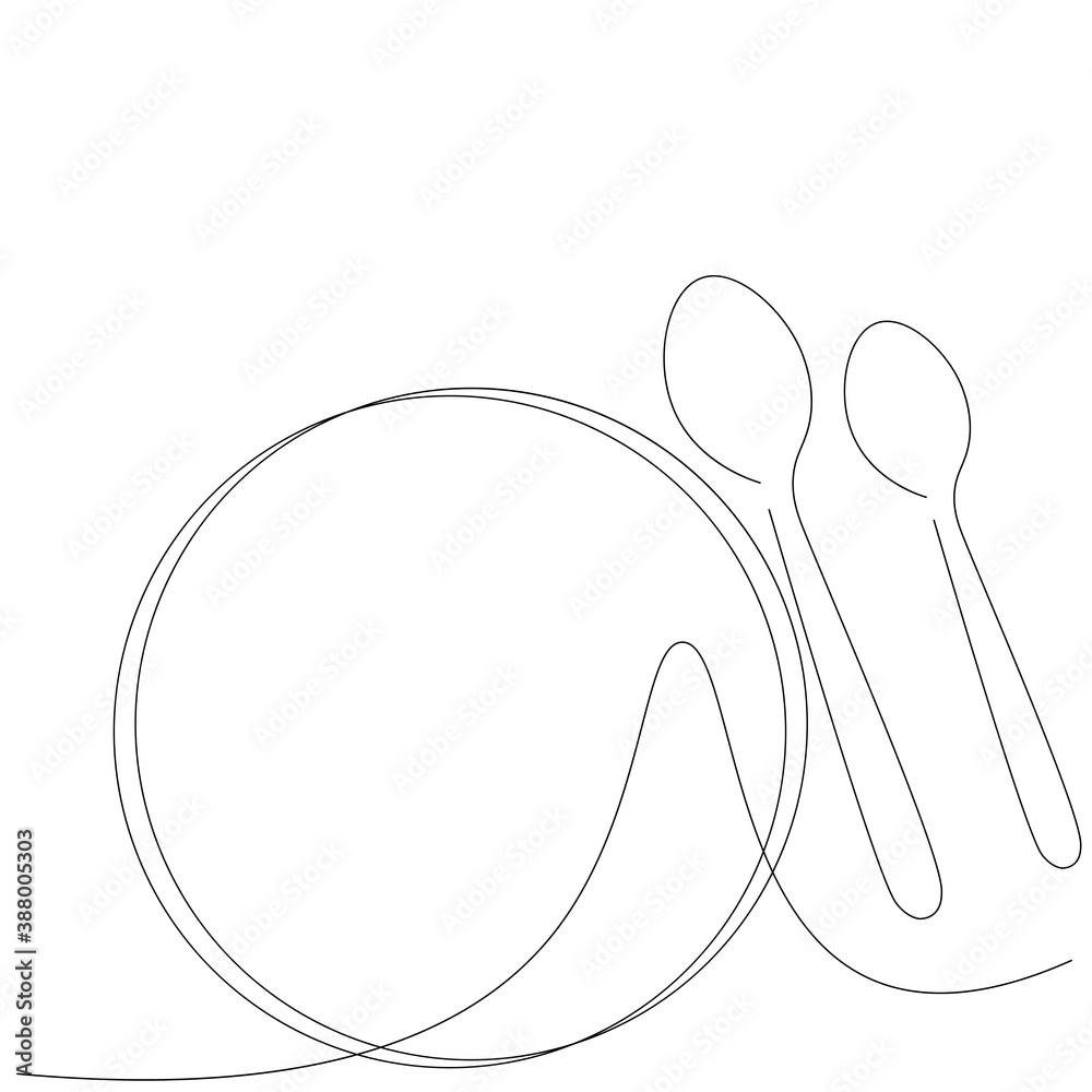 Fototapeta premium Spoon and plate silhouette line drawing. Vector illustration