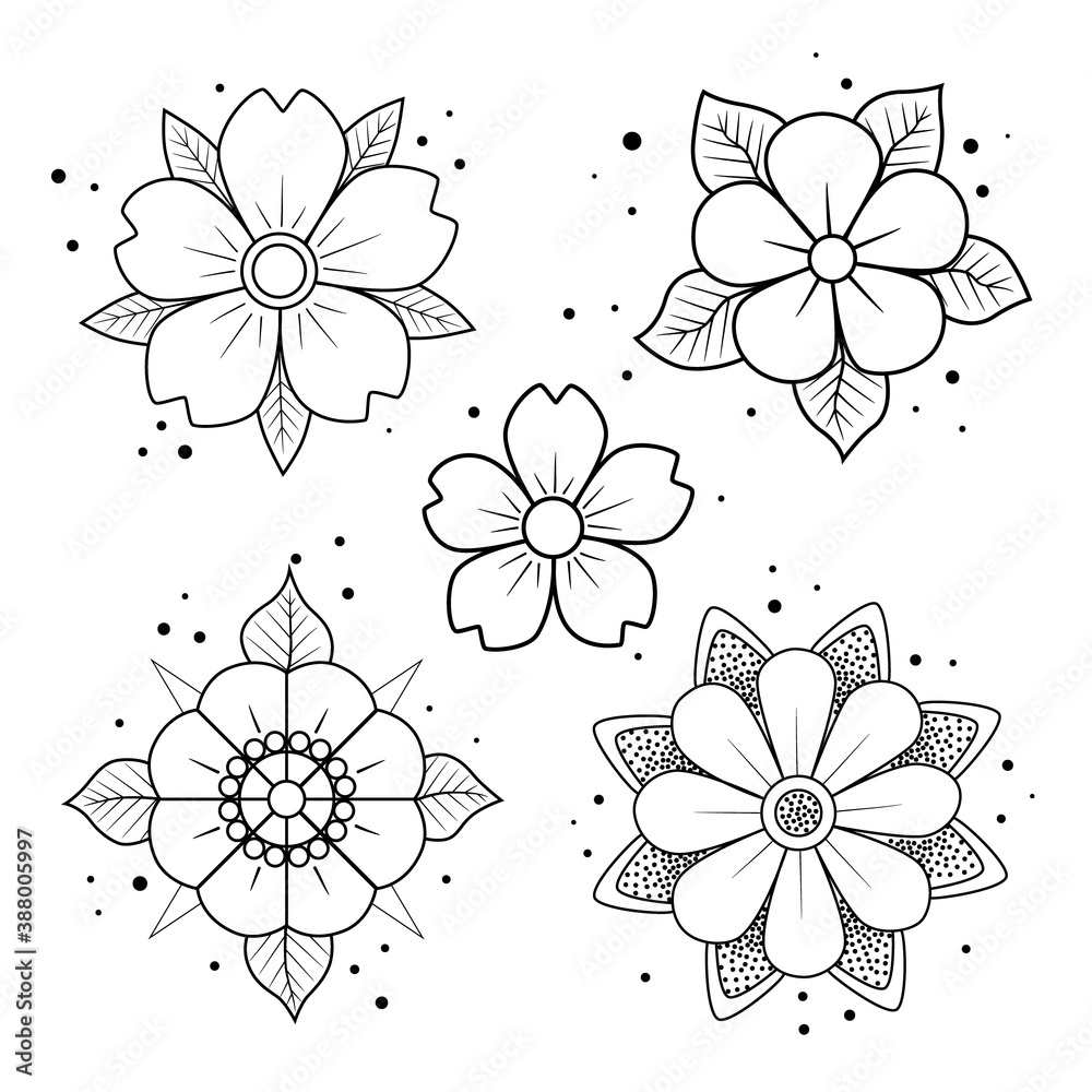 Old school tattoo flower set. Hand drawn black outline inflorescence.  Traditional classic sketch tattoo flash. Coloring book page. Stock vector  illustration isolated on white background. Stock Vector | Adobe Stock
