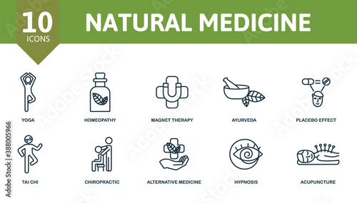 Natural medicine icon set. Collection contain magnet, therapy, yoga, placebo, effect, ayurveda, acupuncture, chiropractic, tai, chi and over icons. Natural medicine elements set.