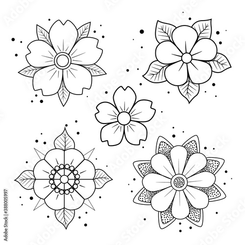 Old school tattoo flower set. Hand drawn black outline inflorescence. Traditional classic sketch tattoo flash. Coloring book page. Stock vector illustration isolated on white background.