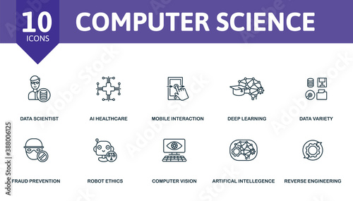 Computer Science icon set. Collection contain engineering, ethics, fraud, prevention, artificial, intelligence and over icons. Computer Science elements set.