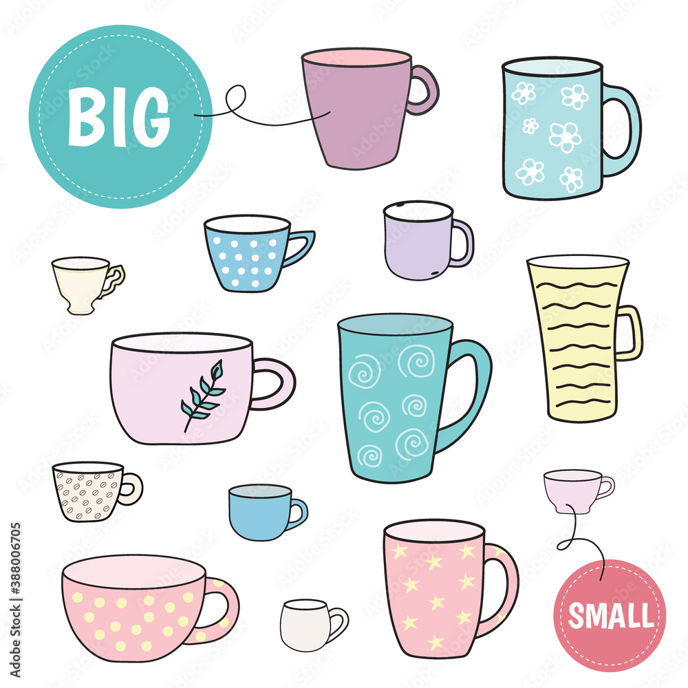 Sorting game big and small cups. Preschool worksheet activity. Educational game for kids. Vector Illustration