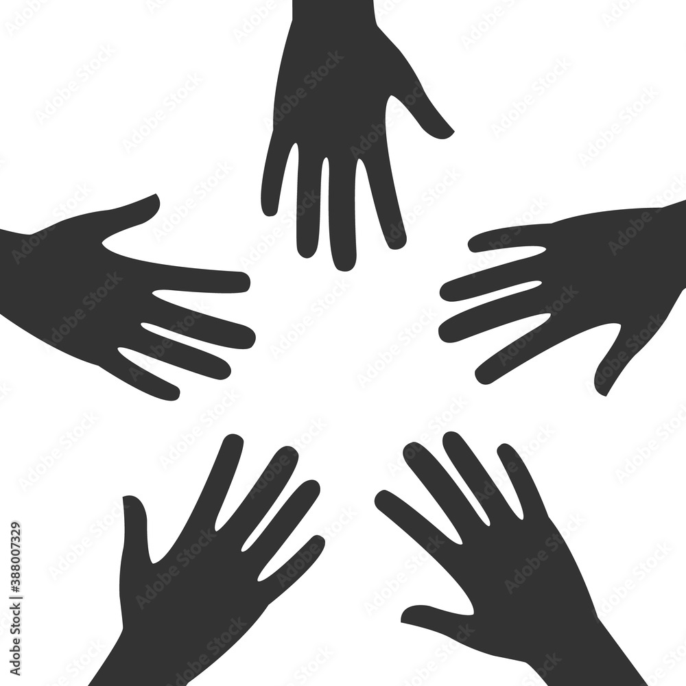 Teamwork black icon. Set of hands symbolizing a team for business, inclusion concept isolated on white. Round arms frame.