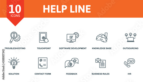 Help Line icon set. Collection contain key performance, knowledge base, outsourcing, software development kit, touchpoint and over icons. Help Line elements set.