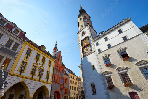 Tower of the Town Hall in Görlitz with beautiful sundial. Saxony, Germany. photo