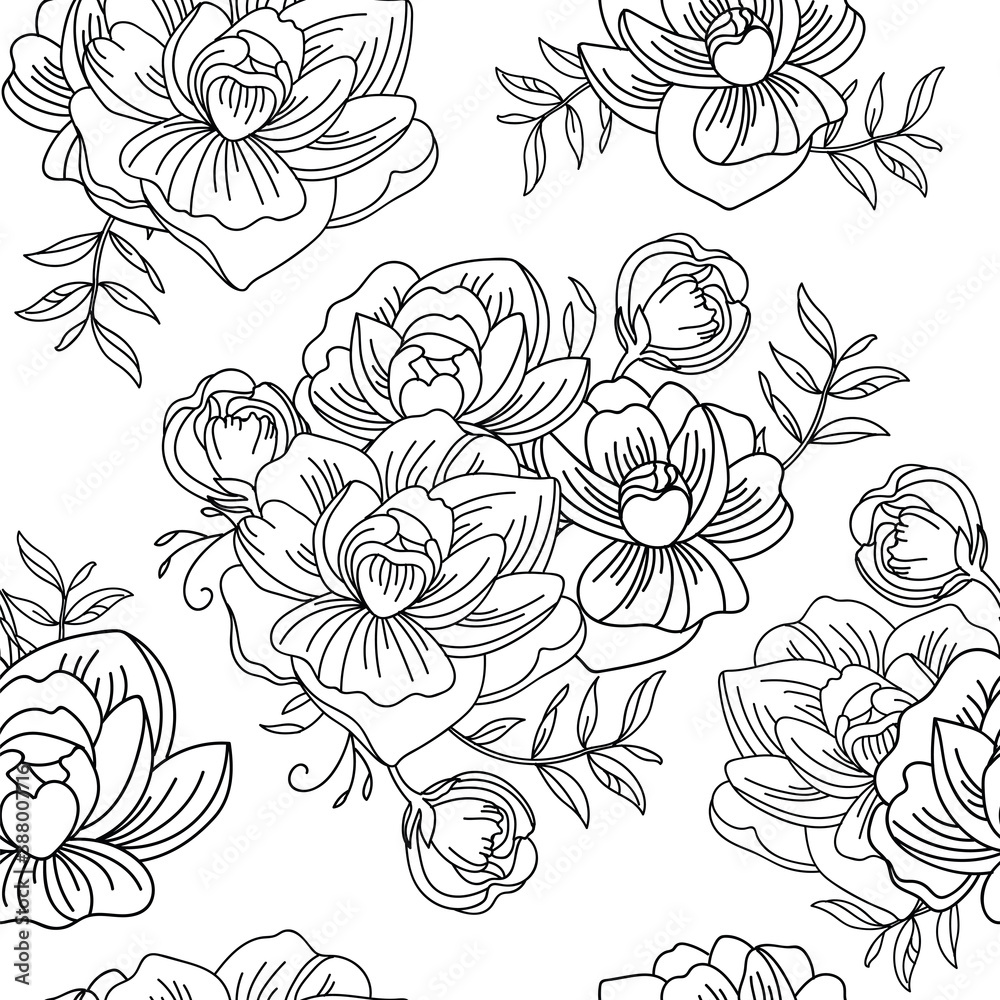 Seamless pattern vector contour peony flowers illustration