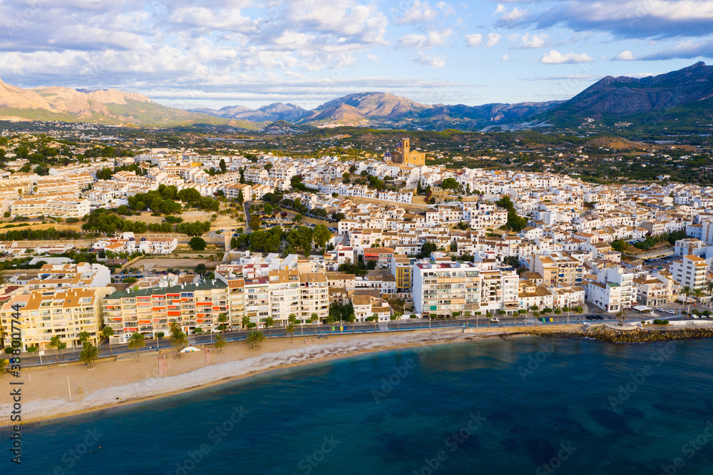 Aerial panoramic view of coastal Altea city and church of Virgin of Consol, Alicante, Spain