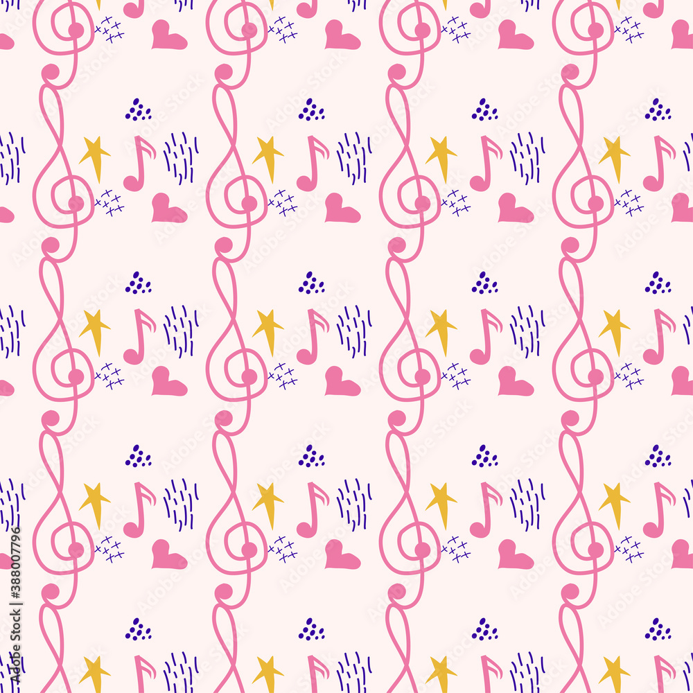 Treble clef, notes, heart, stars, abstract elements seamless pattern in pink, blue pastel colors. Music backdrop