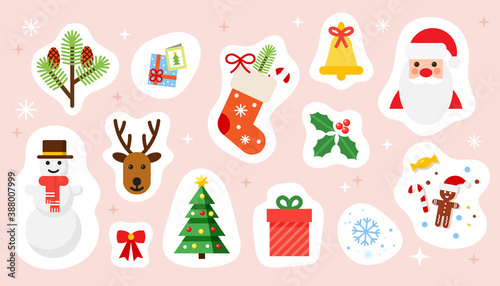 Christmas and Happy New Year holiday stickers set. Colorful festive vector illustrations collection. Happy holidays icons in flat style