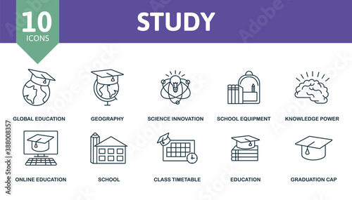 Study icon set. Collection contain aspiration, geography, knowledge power, school equipment, global education and over icons. Study elements set.