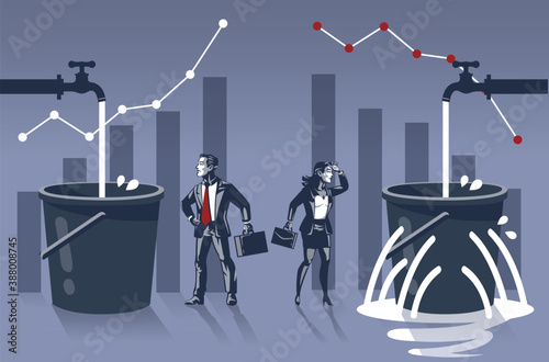 Businessman Happy to See His Water Bucket is Full While Business Woman is Sad to Find Holes and Leaks in Her Bucket Illustration Concept
