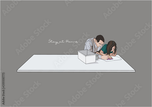 Vector Illustration of Father and Child Working on Table, Stay Home, Stay Safe