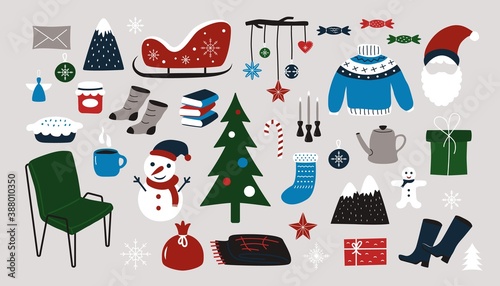 Winter christmas holiday icons. Abstract set of cozy doodle objects, trendy scrapbook collection for kids greeting cards. Vector illustration