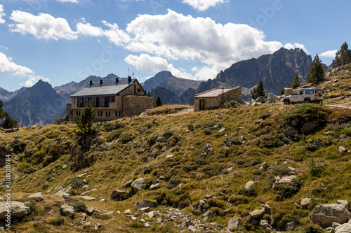 Refuge of Amitges mountain hut in the Amitges in the Aiguestortes i Estany de Sant Maurici National Park, Lleida, Spain. photo