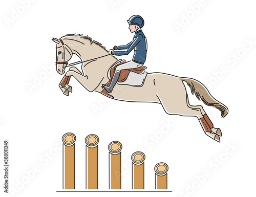 Rider on horse at equestrian event jumps over an wood wide obstacle vector illustration