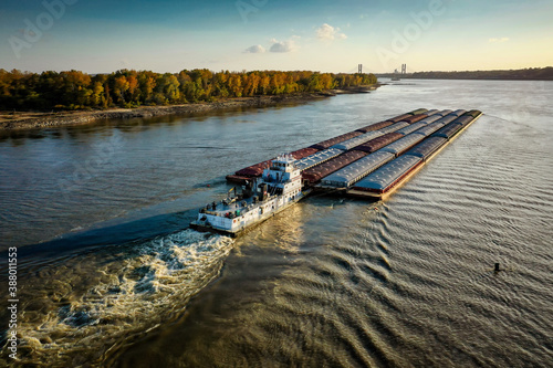 Mississippi River at Cape Girardeau Missouri. Fall 2020. tugboat barge photo